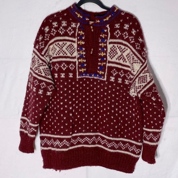 Namaste Woolens Hand Crafted In Nepal Red White Jacquard Knit Sweater L - Picture 4 of 12